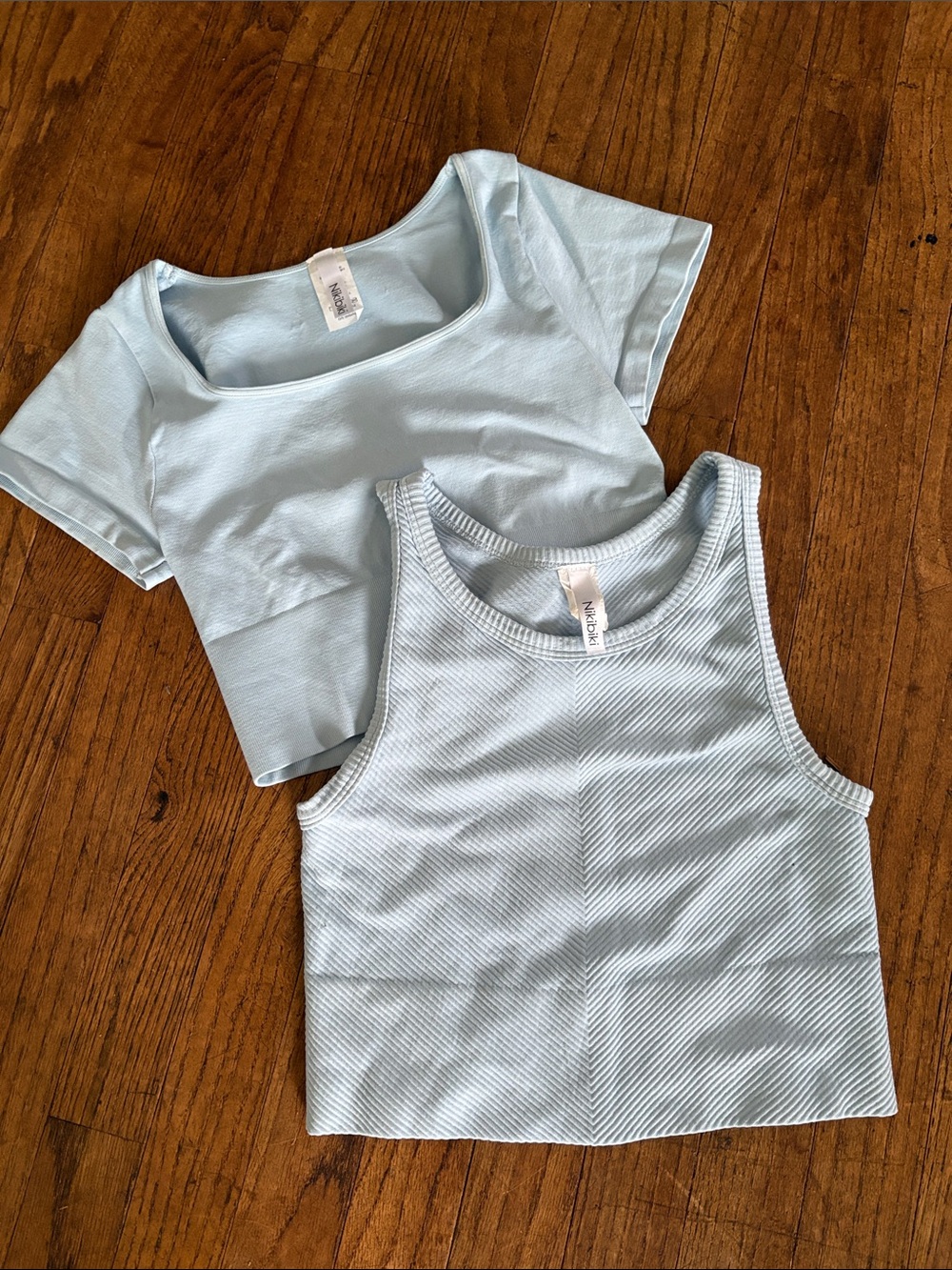 Nikibiki Light Blue Ribbed Tank & Square Neck Crop Tops (Set)